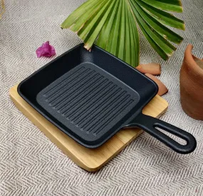 Square Cast Iron Plate Sizzler With Wooden Base | MK