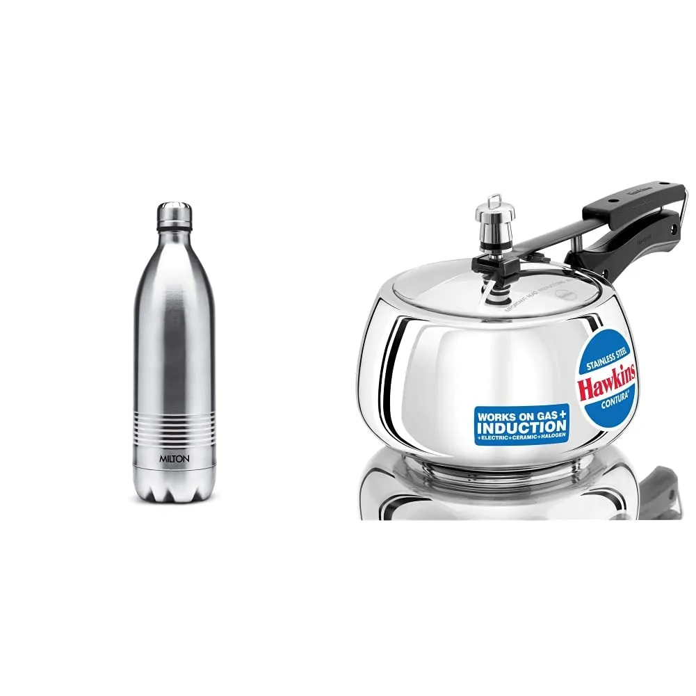 STH Milton Thermosteel Duo Deluxe Vacuum Insulated Flask, 1L (Silver) & Hawkins Contura Stainless Steel Pressure Cooker, 3 litres Combo