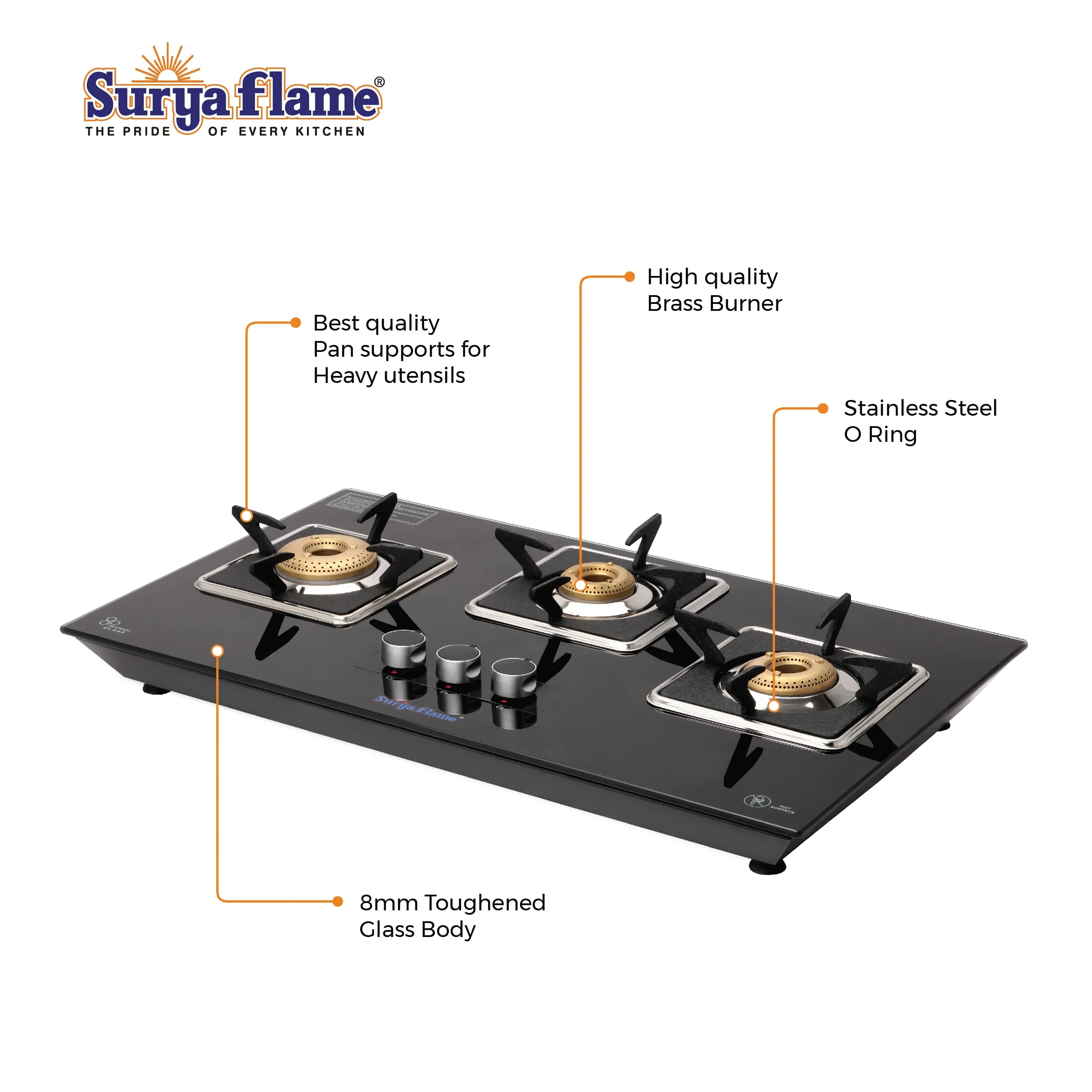 Surya Flame Apollo Square Hob Top | Manual Glass Stove with Spill Proof Desing & Jumbo Burner | 2 Years Complete Doorstep Warranty - Black (3 Burner, 2)