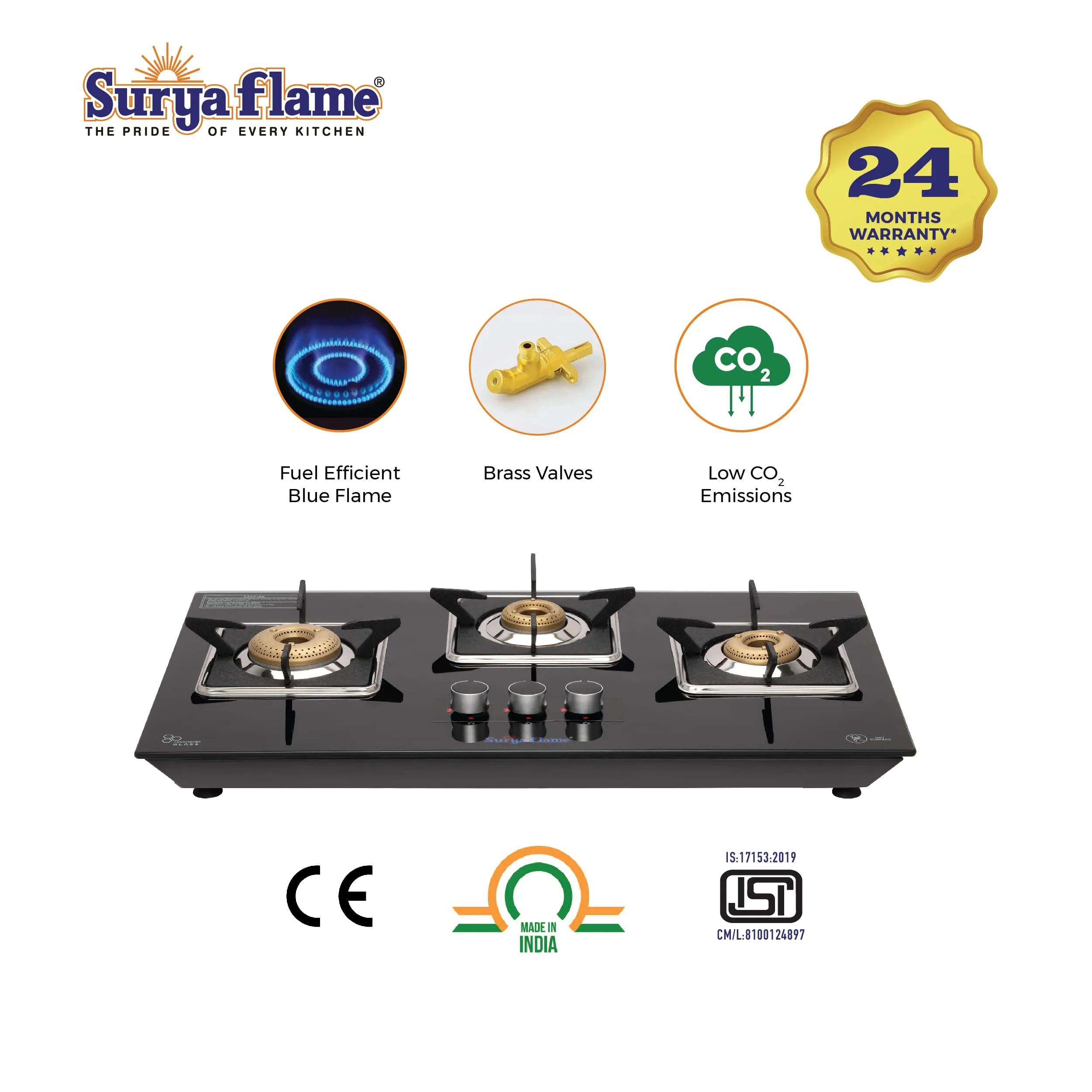 Surya Flame Apollo Square Hob Top | Manual Glass Stove with Spill Proof Desing & Jumbo Burner | 2 Years Complete Doorstep Warranty - Black (3 Burner, 2)