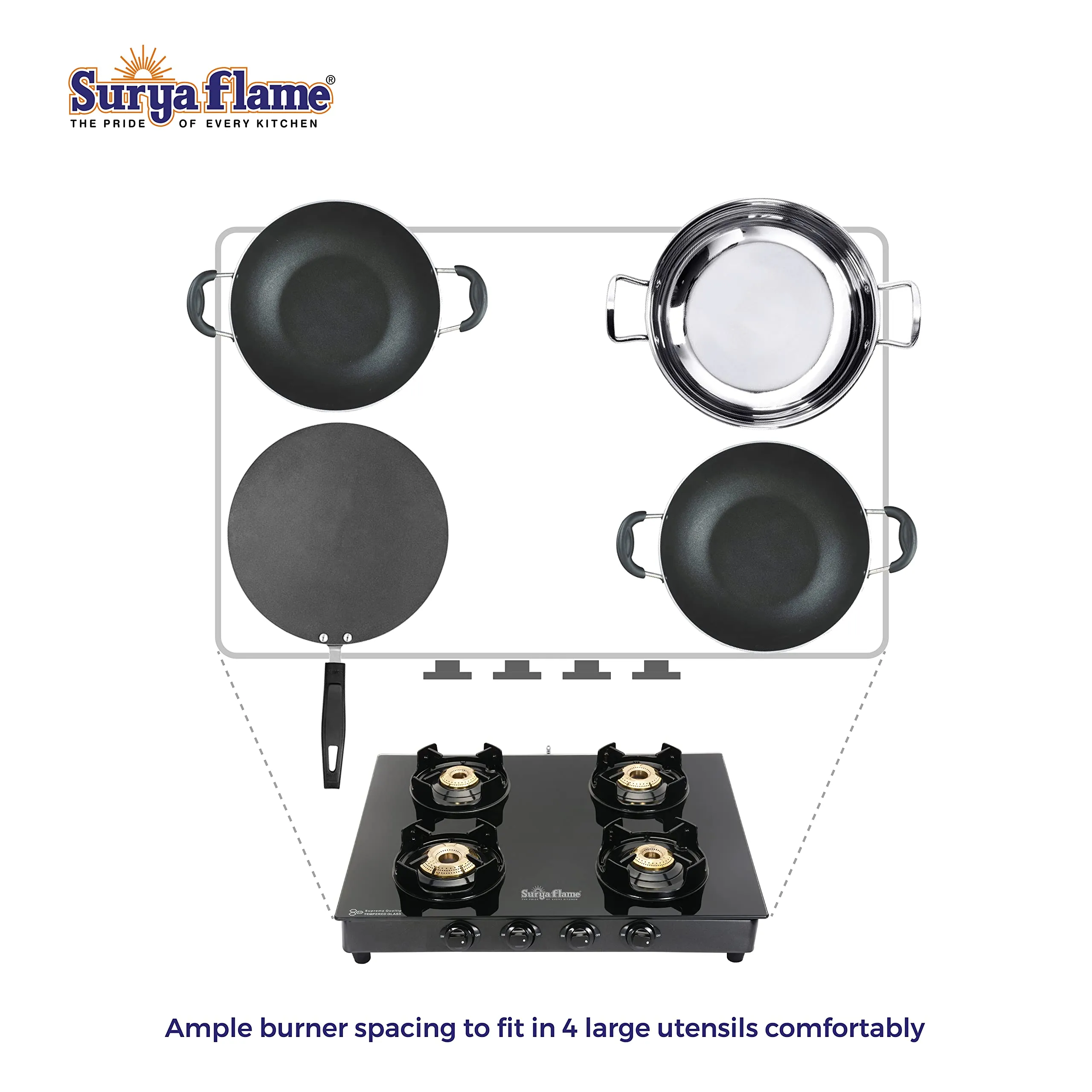 Surya Flame Black Beauty Gas Stove 4 Burners Glass Top LPG Stove | LPG Gas Dual Layer Rubber Hose Pipe 1.5M | Chrome Stainless Steel Gas Lighter (Pack of 2)