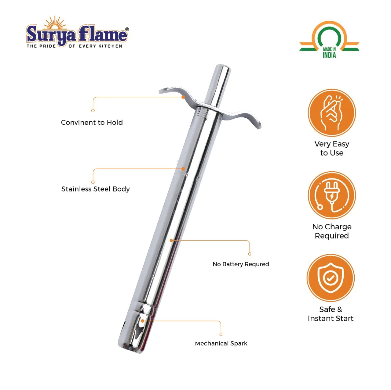 Surya Flame Nexa LPG Gas Stove 2 Burners | LPG Gas Dual Layer Rubber Hose Pipe 1.5M | Chrome Stainless Steel Gas Lighter (Pack of 2)