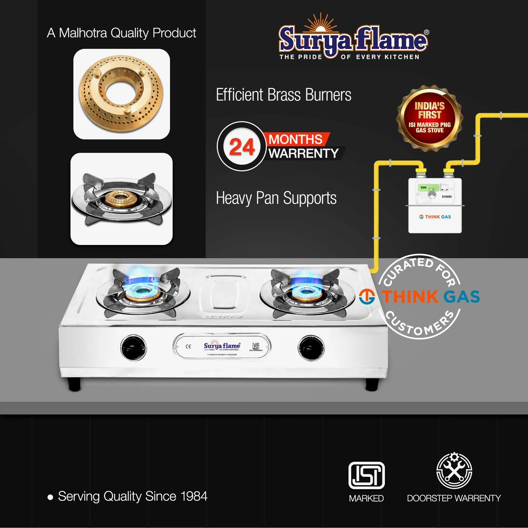 Surya Flame Volta Gas Stove 2 Burners | India's First ISI Certifed Stainless Steel Body Manual PNG Stove | Direct use for Pipeline Gas - 2 Years Complete Doorstep Warranty