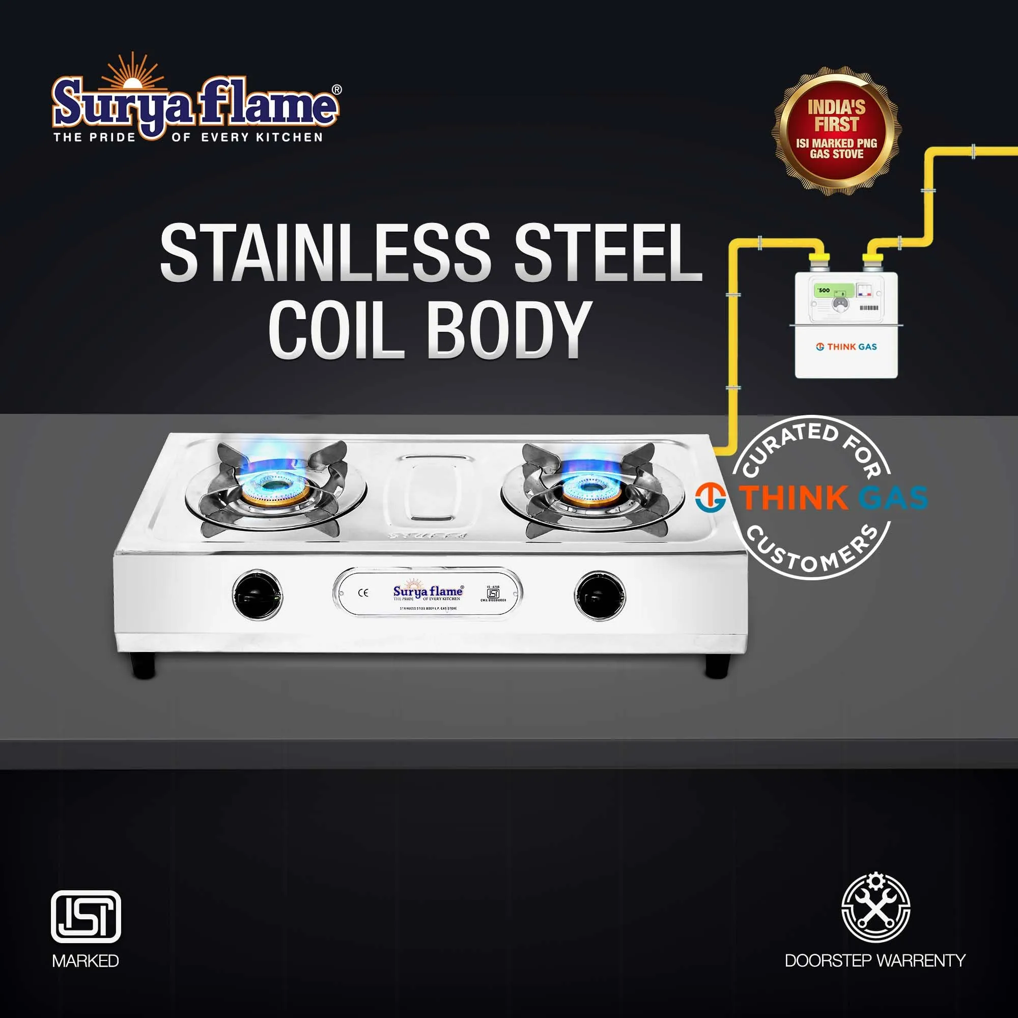 Surya Flame Volta Gas Stove 2 Burners | India's First ISI Certifed Stainless Steel Body Manual PNG Stove | Direct use for Pipeline Gas - 2 Years Complete Doorstep Warranty