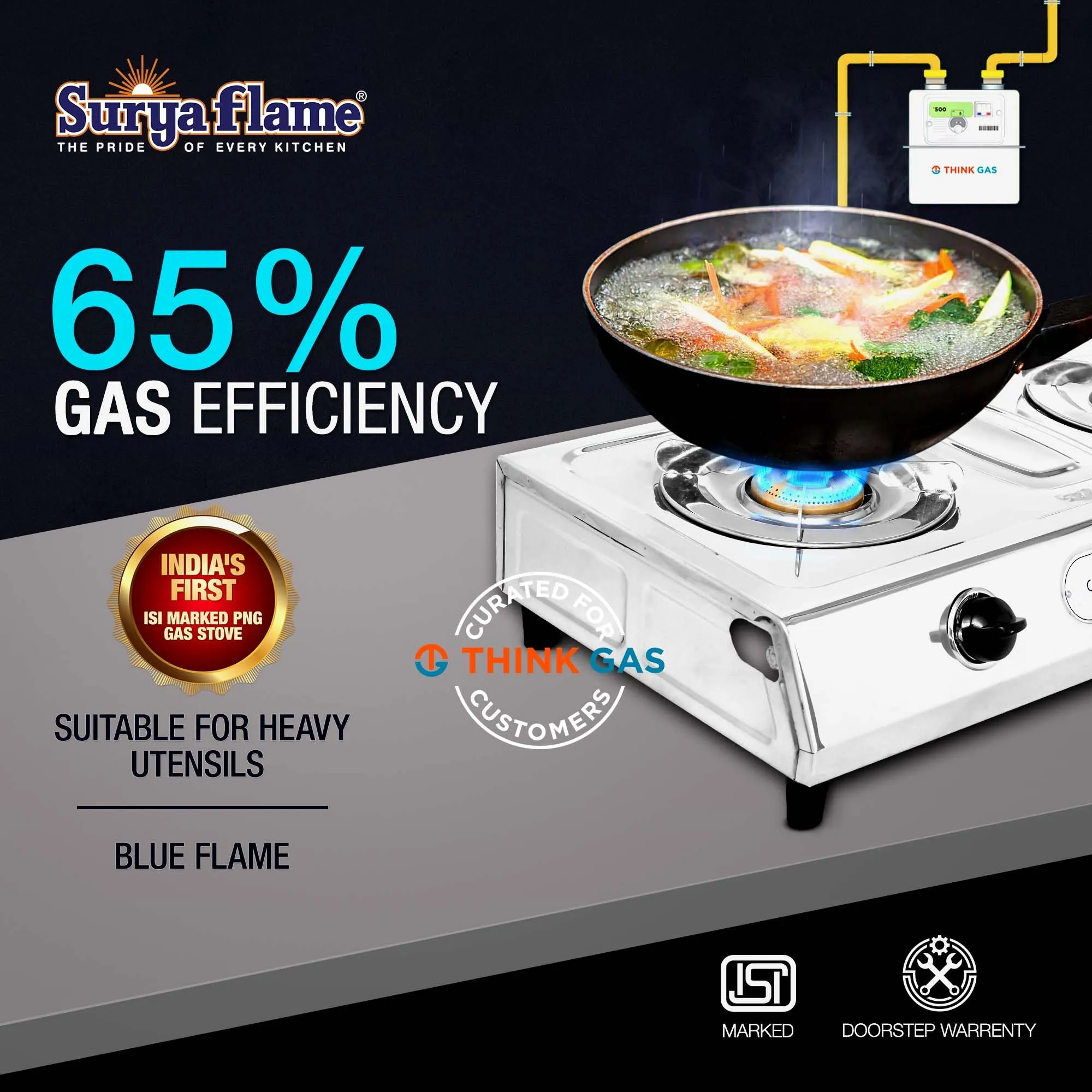 Surya Flame Volta Gas Stove 2 Burners | India's First ISI Certifed Stainless Steel Body Manual PNG Stove | Direct use for Pipeline Gas - 2 Years Complete Doorstep Warranty