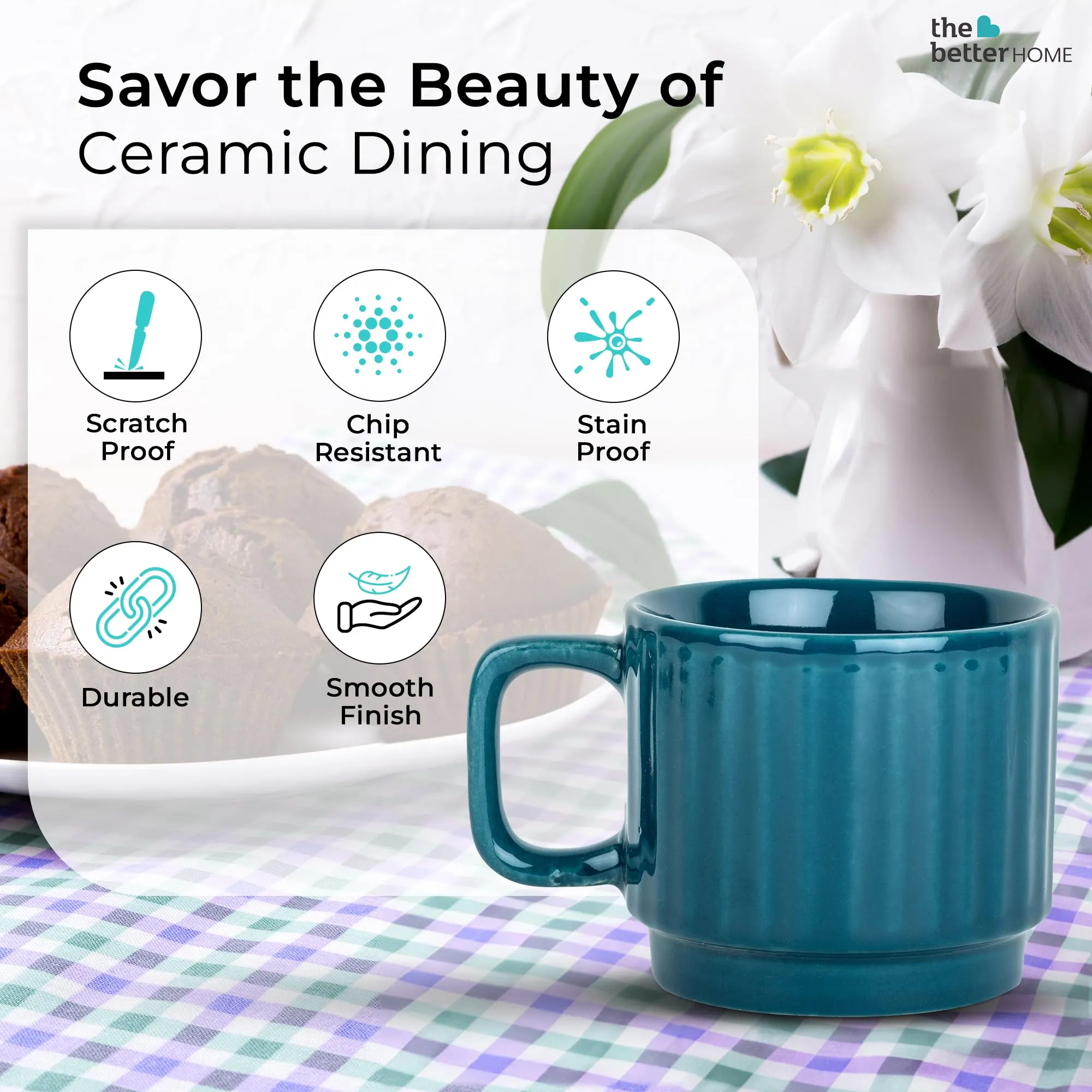 The Better Home Ceramic Tea Coffee Cup with Handles (350 ml x 2) | Microwave Safe | Scratch Resistant | Stain Proof | Glossy Finish | Gifting Set | (Pack of 2- Teal)