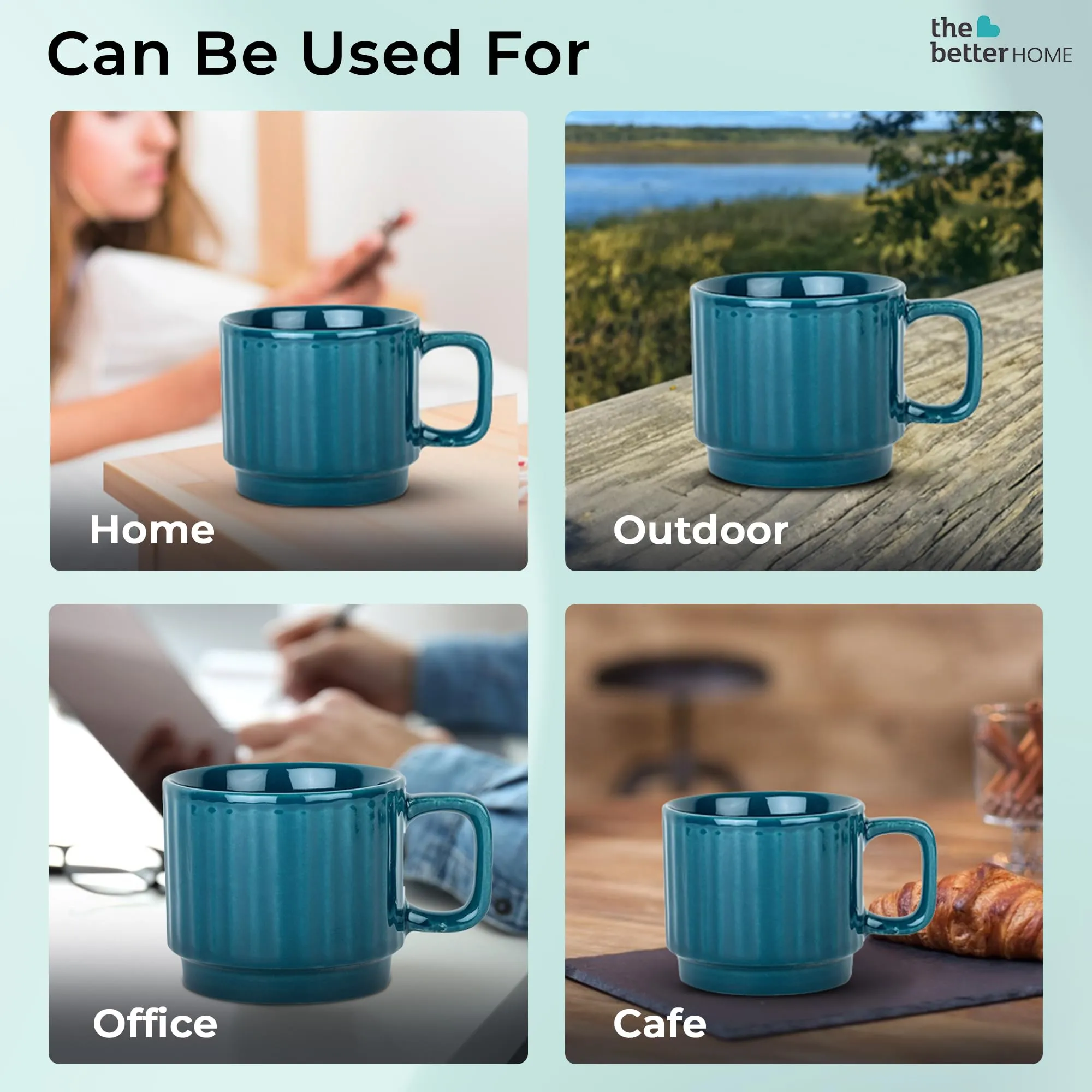 The Better Home Ceramic Tea Coffee Cup with Handles (350 ml x 2) | Microwave Safe | Scratch Resistant | Stain Proof | Glossy Finish | Gifting Set | (Pack of 2- Teal)