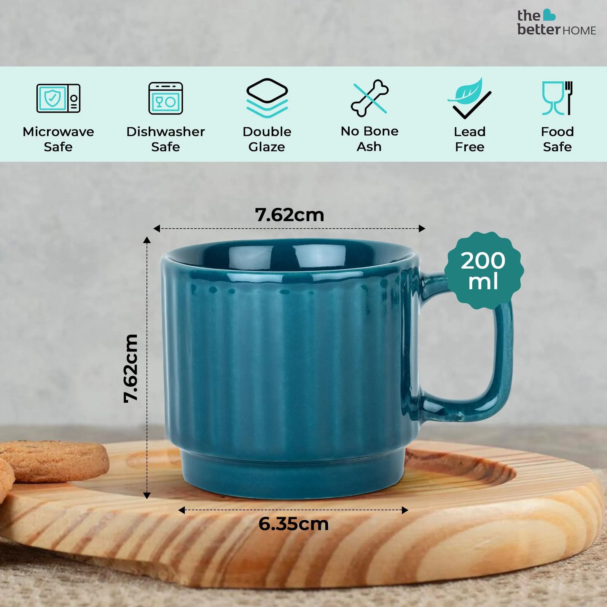 The Better Home Ceramic Tea Coffee Cup with Handles (350 ml x 2) | Microwave Safe | Scratch Resistant | Stain Proof | Glossy Finish | Gifting Set | (Pack of 2- Teal)