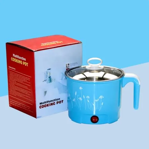 THEODORE Electric 1.8 Litre Mini Cooker Kettle with Glass Lid Base Concealed Base Cooking Pot Noodle Maker Egg Boiler hot Pot Vegetable and Rice & Pasta PorridgeTravel Cookers and Steamer, Blue