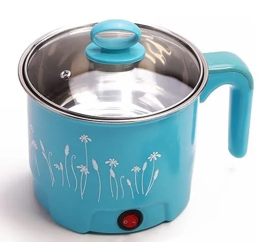 THEODORE Electric 1.8 Litre Mini Cooker Kettle with Glass Lid Base Concealed Base Cooking Pot Noodle Maker Egg Boiler hot Pot Vegetable and Rice & Pasta PorridgeTravel Cookers and Steamer, Blue