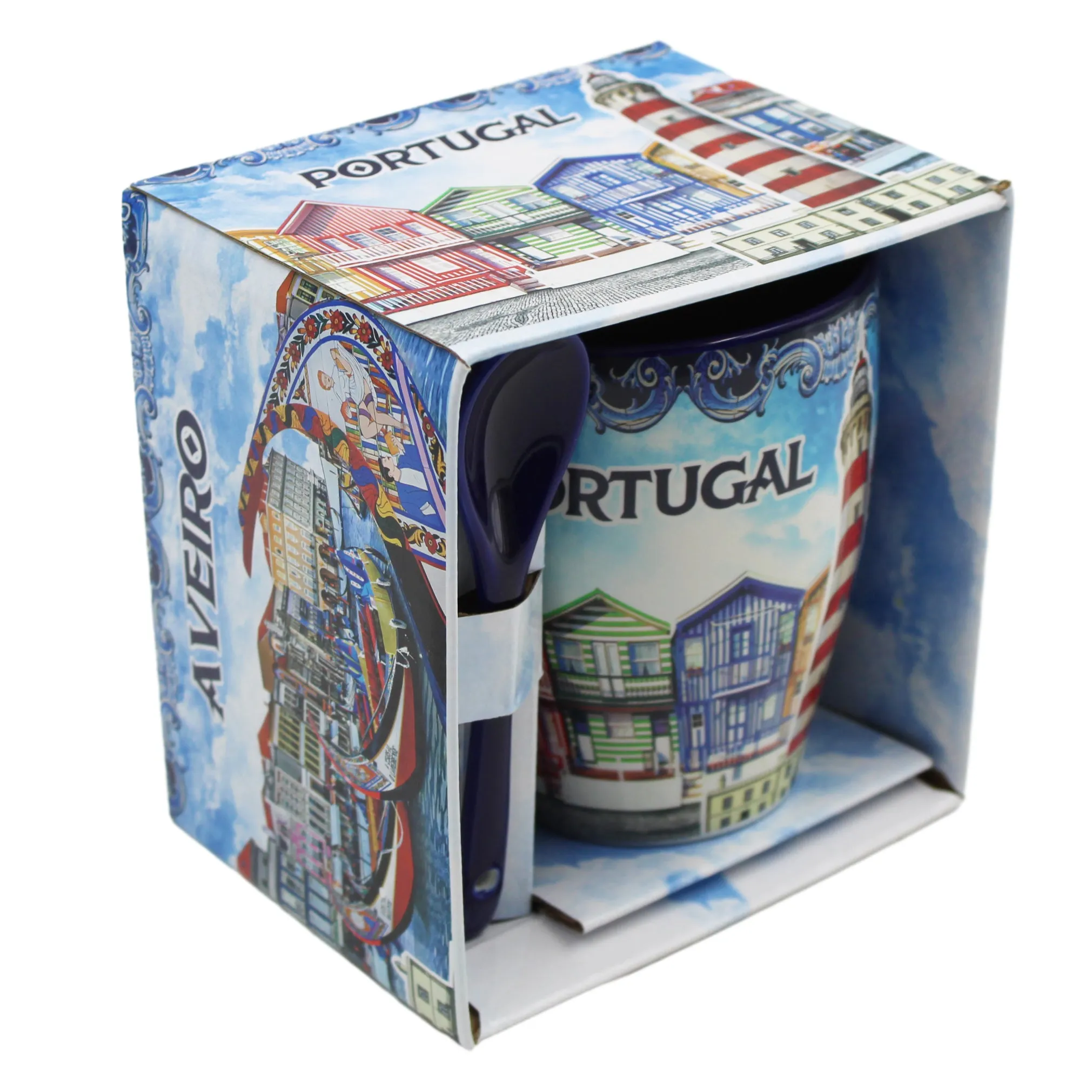 Traditional Portugal Aveiro Blue Ceramic Coffee Mug with Spoon and Gift Box