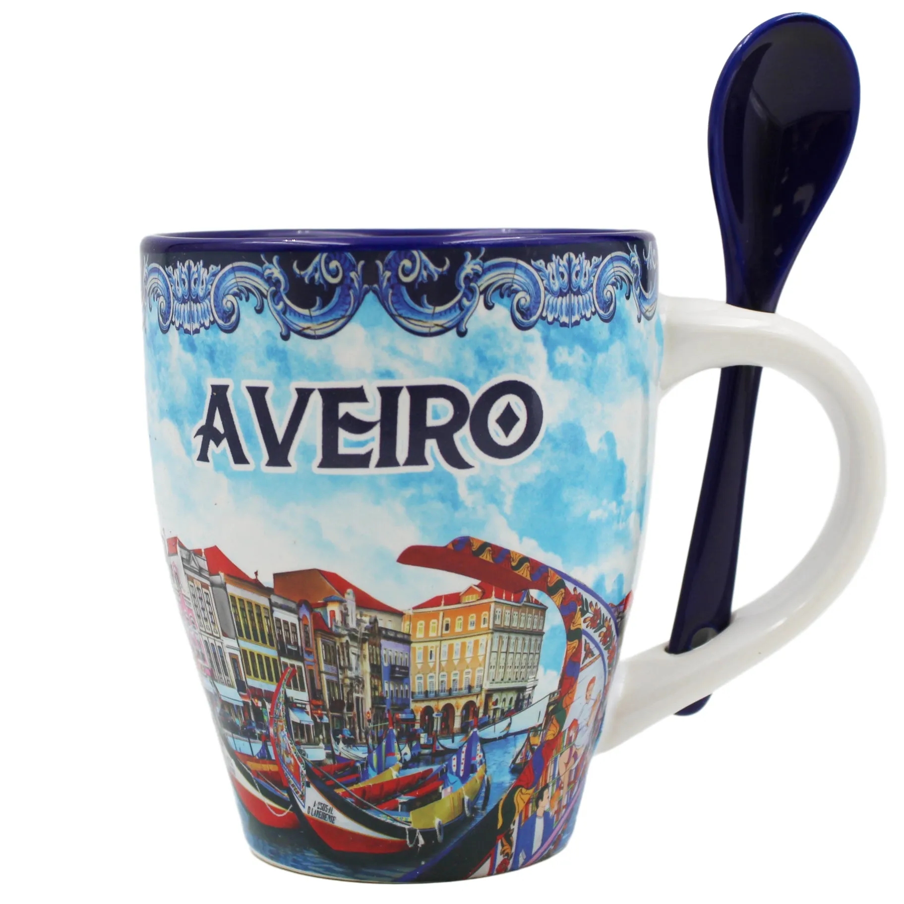 Traditional Portugal Aveiro Blue Ceramic Coffee Mug with Spoon and Gift Box