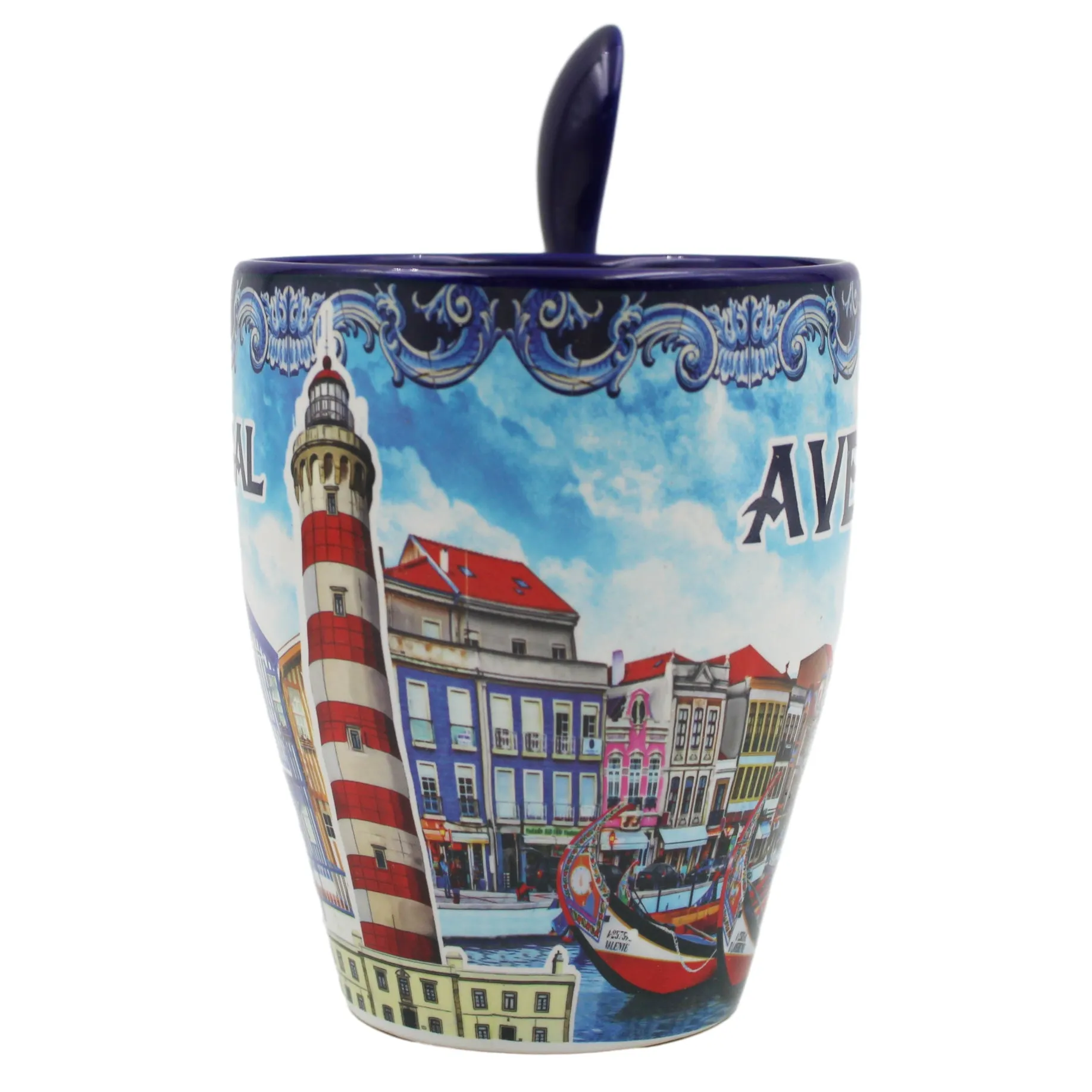 Traditional Portugal Aveiro Blue Ceramic Coffee Mug with Spoon and Gift Box