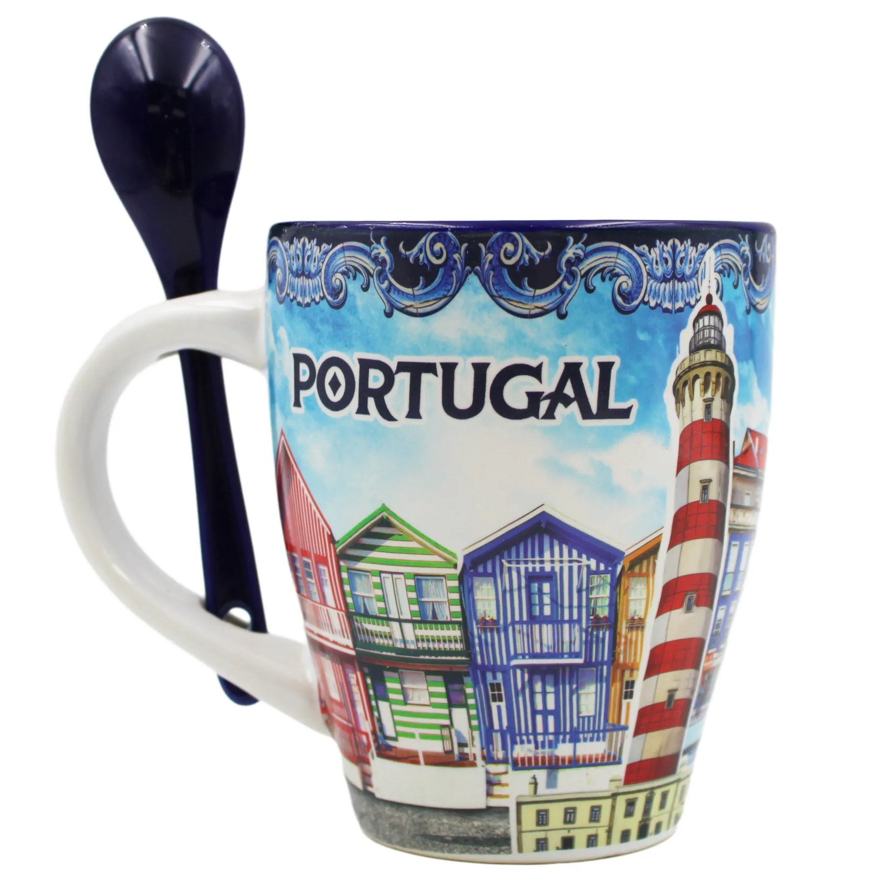 Traditional Portugal Aveiro Blue Ceramic Coffee Mug with Spoon and Gift Box