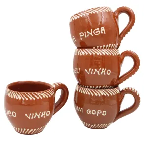 Traditional Portuguese Clay Terracotta Hand-Painted Wine Cups, Set of 4