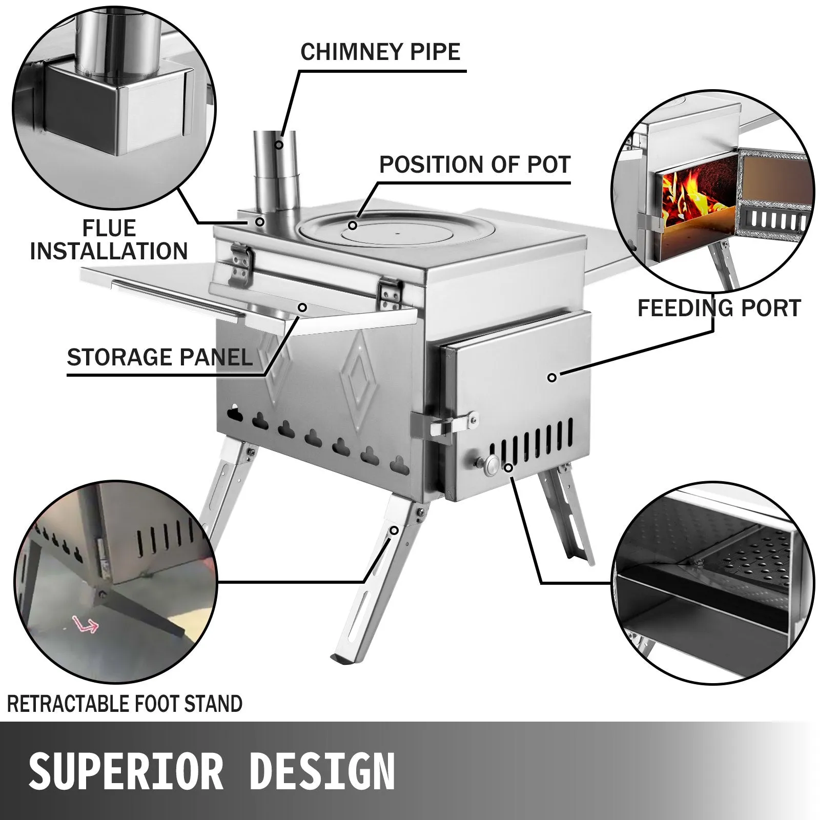 Vevor Tent Wood Stove 113" Stainless Steel Wood-Burning Stove with 1500 Cu. In. Firebox and Folding Pipe New