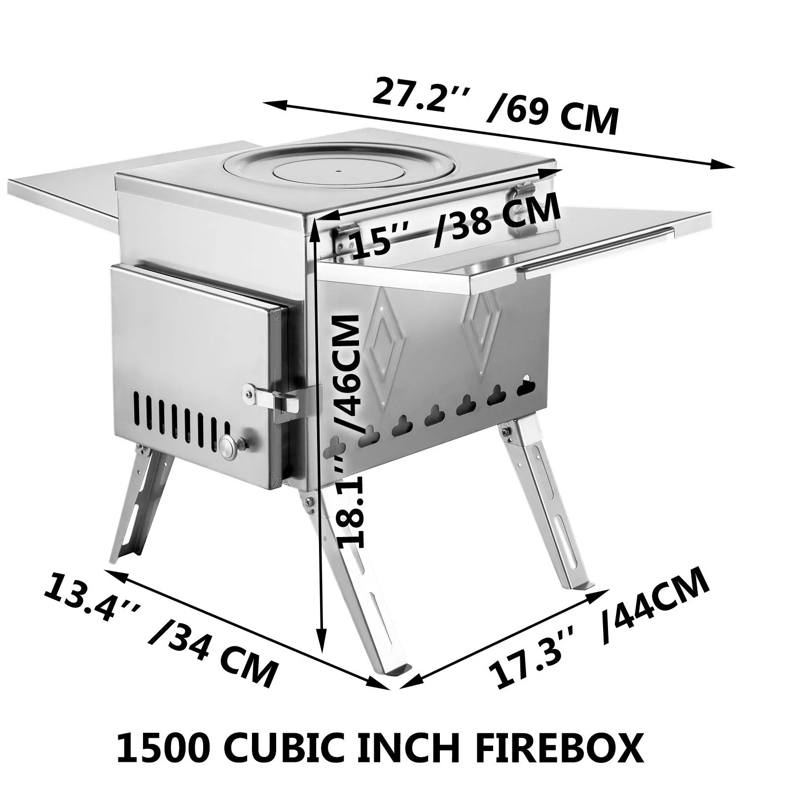 Vevor Tent Wood Stove 113" Stainless Steel Wood-Burning Stove with 1500 Cu. In. Firebox and Folding Pipe New