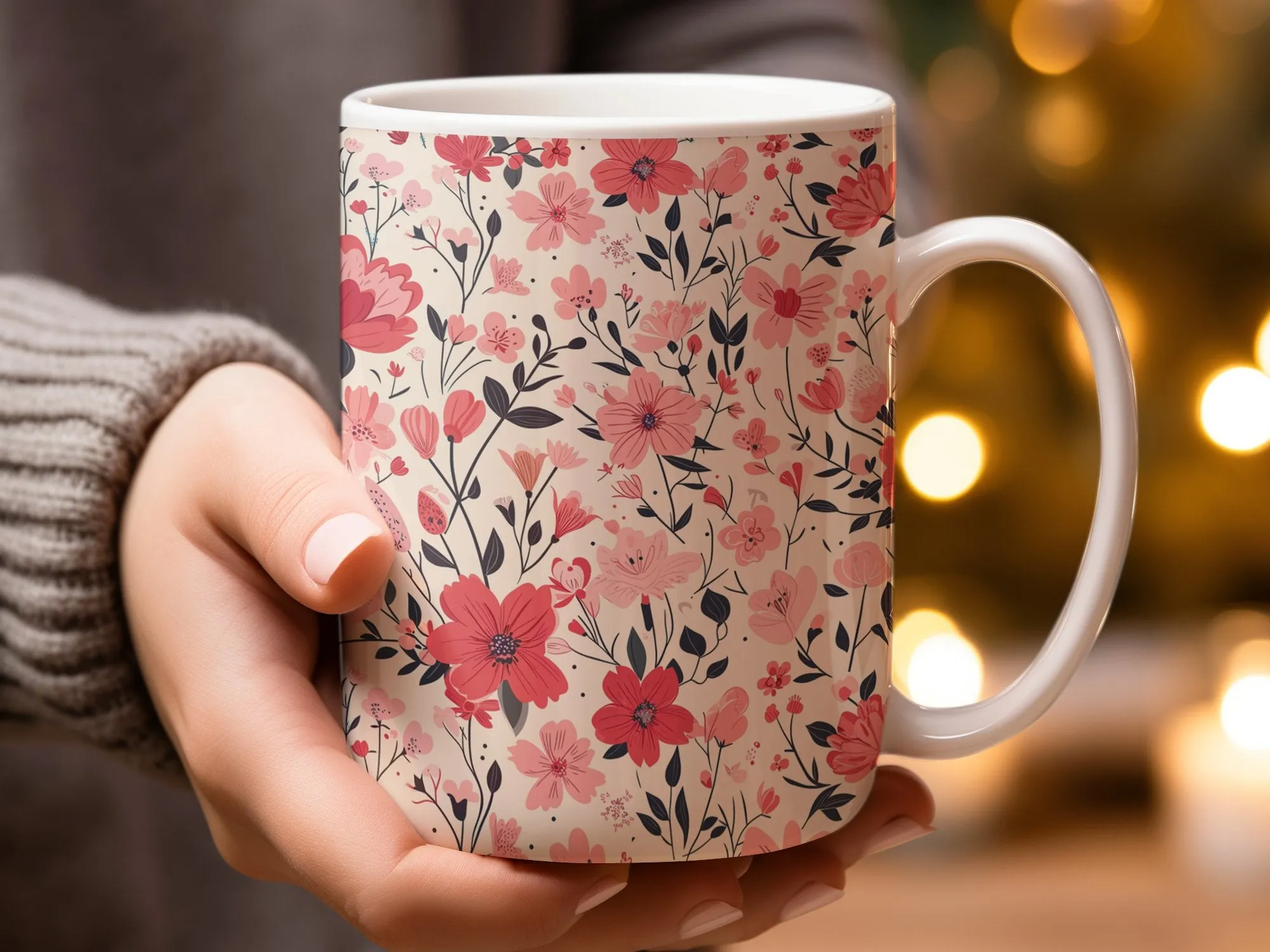 Vintage Style Pink Simple Flower Coffee Mug, Cute Mug, Ceramic Mug, Simple Floral Coffee Cup, Pink Flower Design, Gift for Her