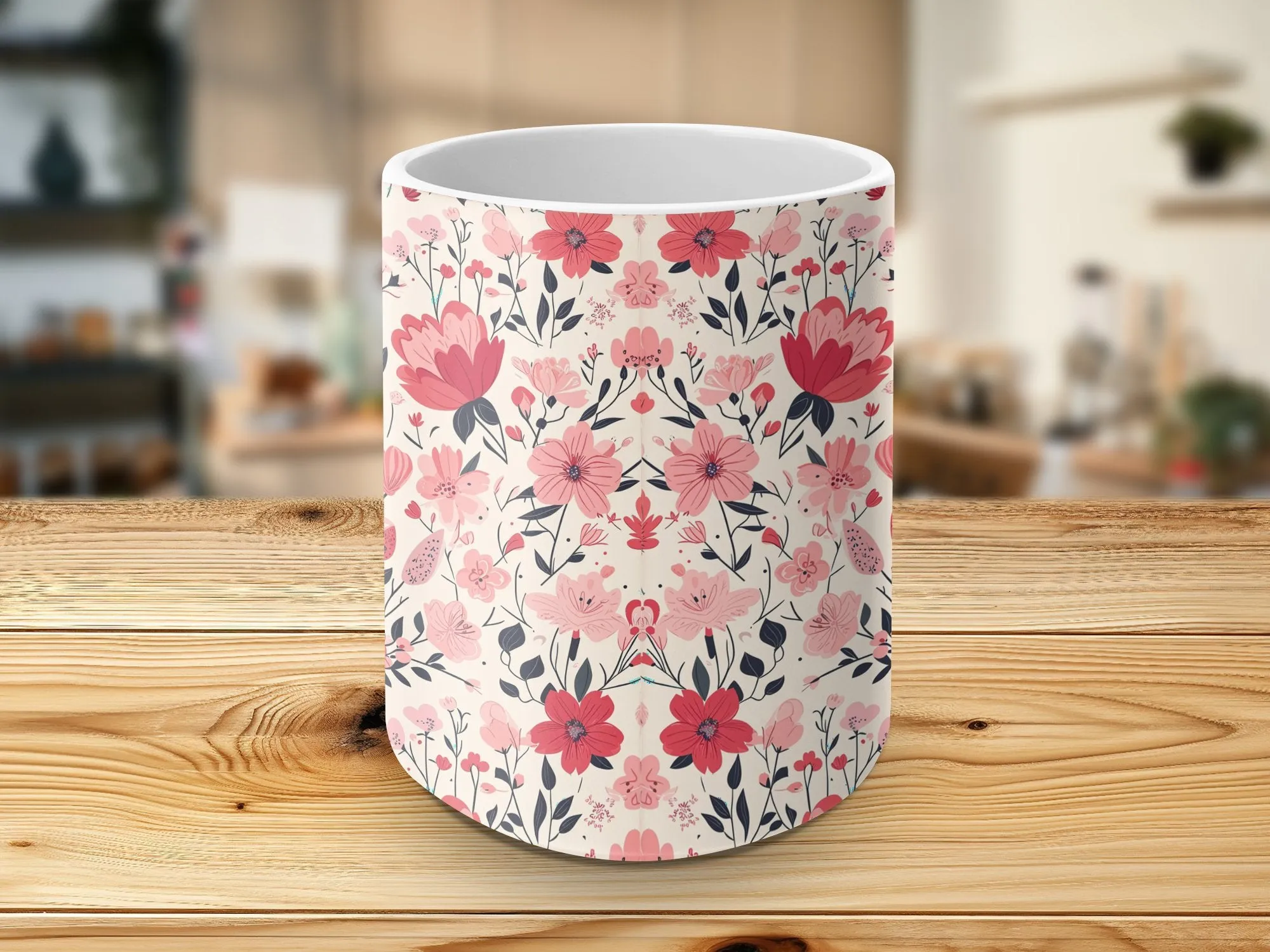 Vintage Style Pink Simple Flower Coffee Mug, Cute Mug, Ceramic Mug, Simple Floral Coffee Cup, Pink Flower Design, Gift for Her