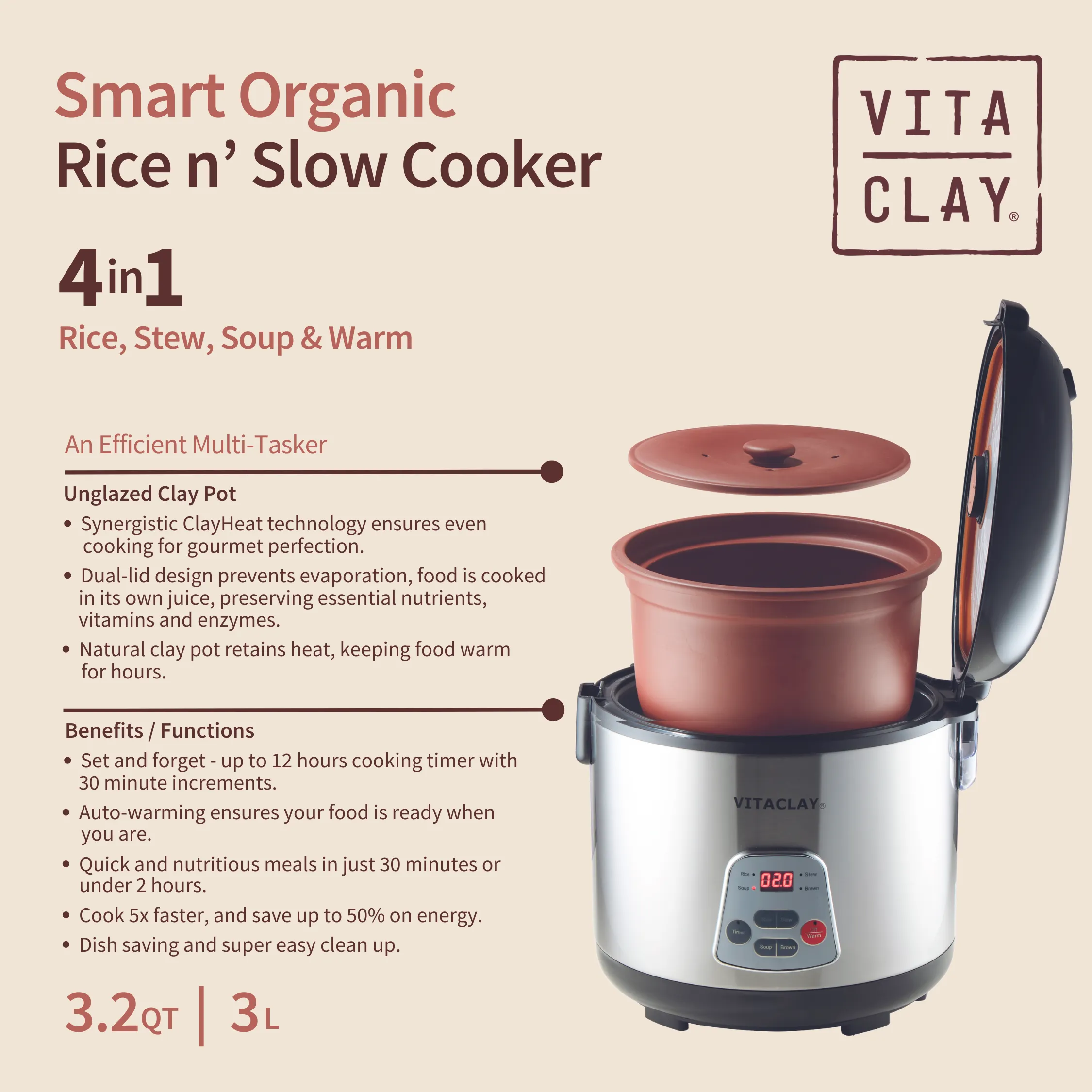 VITACLAY 4-IN-1 ORGANIC RICE N' SLOW COOKER IN CLAY POT VF7700