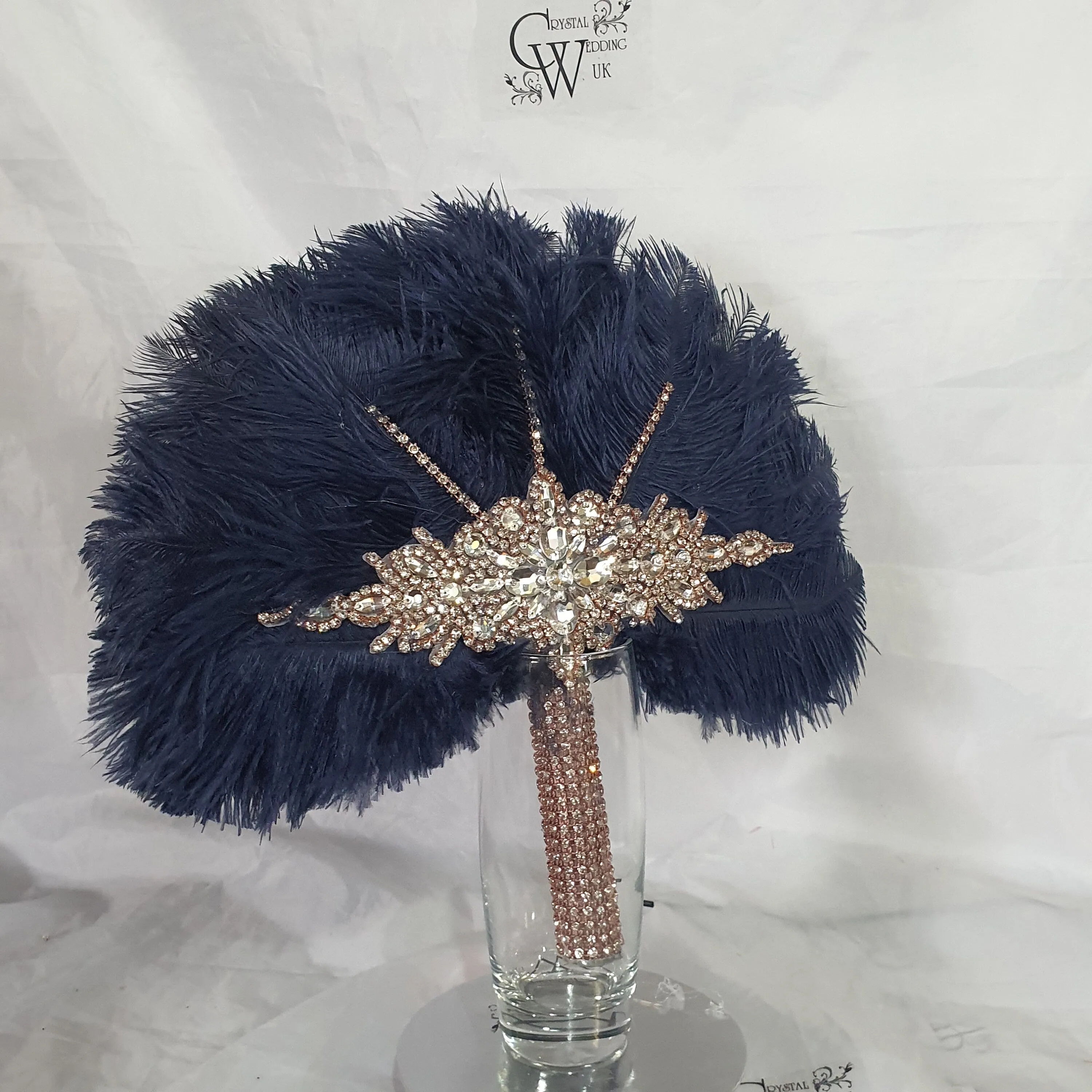 Wedding feather fan, Navy brides ostrich fan, wedding hand fan, Great Gatsby  any colour as custom made by Crystal wedding uk