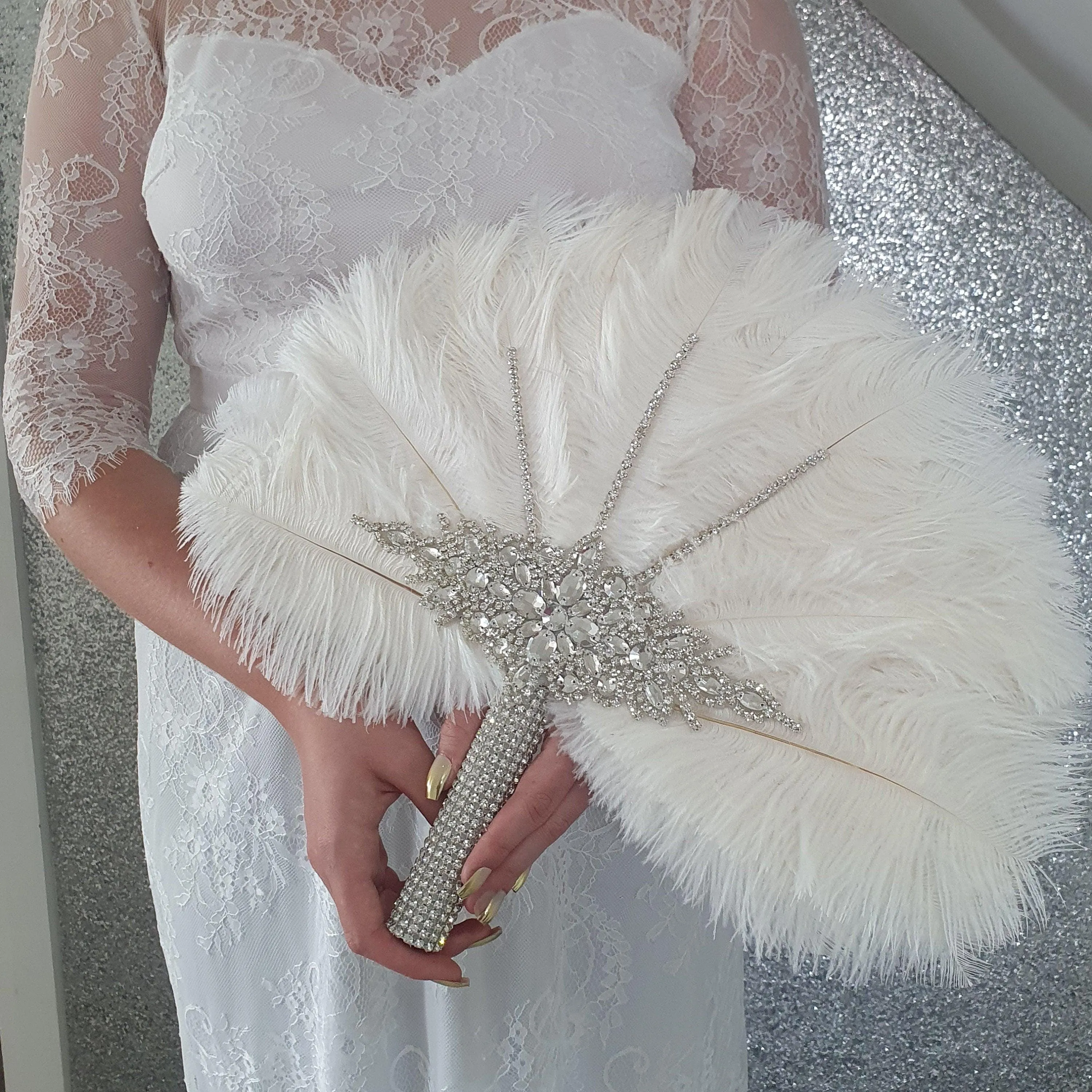 Wedding feather fan ,ostrich fan, wedding hand fan, Great Gatsby any colour as custom made to order by Crystal wedding uk