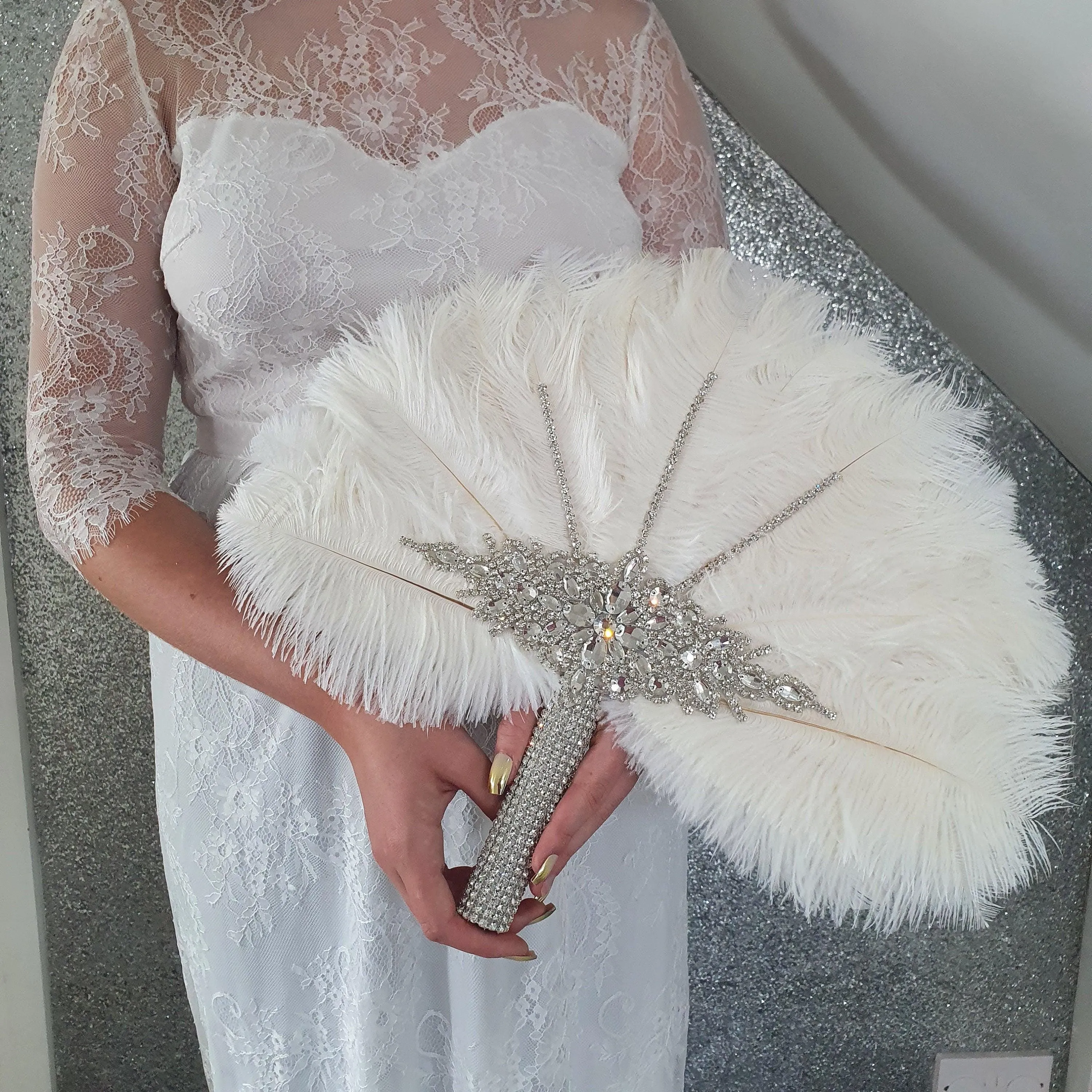 Wedding feather fan ,ostrich fan, wedding hand fan, Great Gatsby any colour as custom made to order by Crystal wedding uk