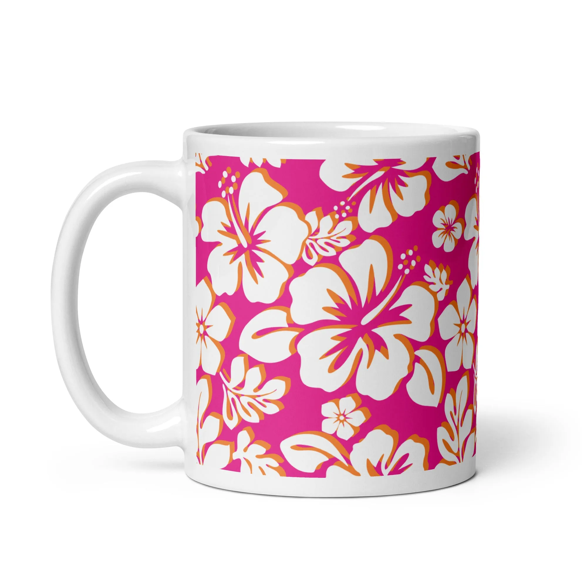 White and Orange Hawaiian Flowers on Hot Pink Coffee Mug