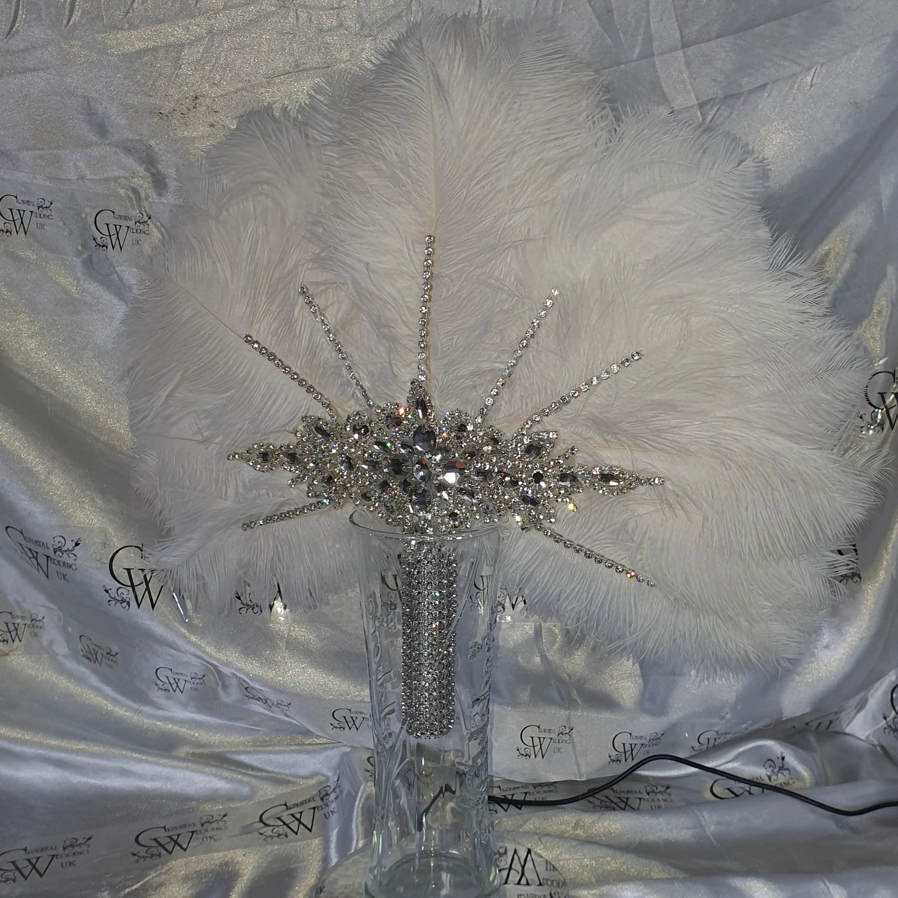 WHITE Wedding feather fan, brides ostrich fan, wedding hand fan- custom made by Crystal wedding uk